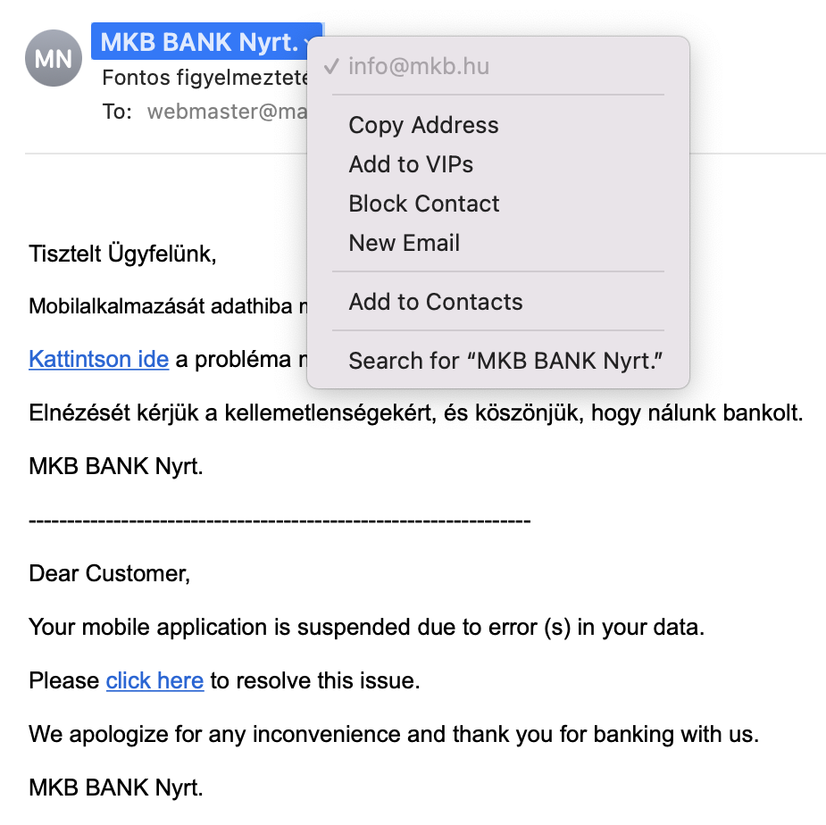 csaló banki email, de az email cím hitelesnek tűnik